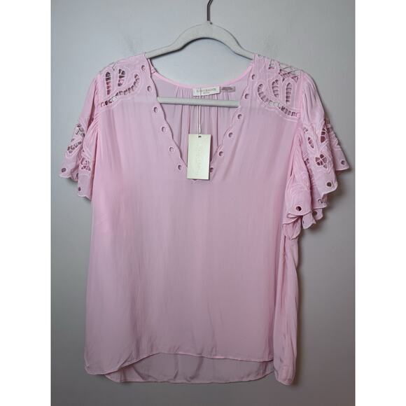 RAMY BROOK Rochelle V neck Eyelet Flutter Sleeve Blouse Top Pink Sz L NWT $345 - Picture 3 of 10